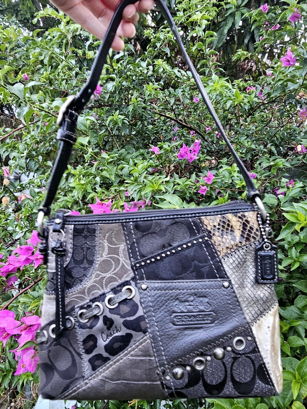 Coach 42005 Y2K Patchwork Shoulder Bag Haircalf Snake Leopard Hangtag Rare